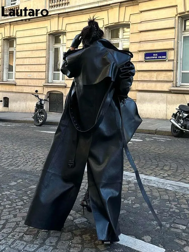 Save Big on Bulk Long Leather Trench Coat Womens Lautaro Extra Long Leather  Trench Coat For Women Chic European Style Black PU Coat With Back Slit