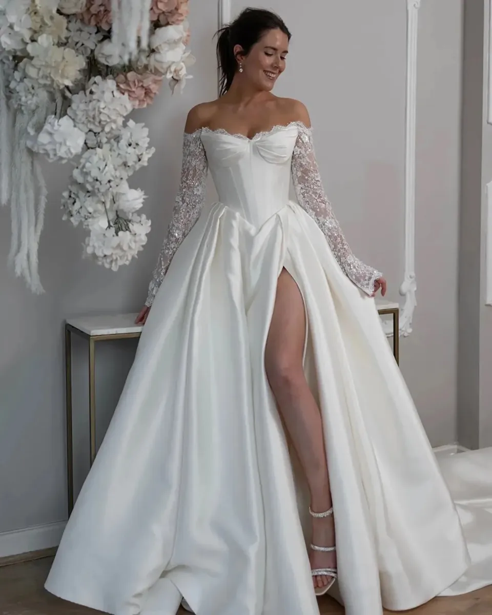 satin long sleeve off the shoulder wedding dress Satin Off-the-shoulder Wedding Dress With Long Sleeves