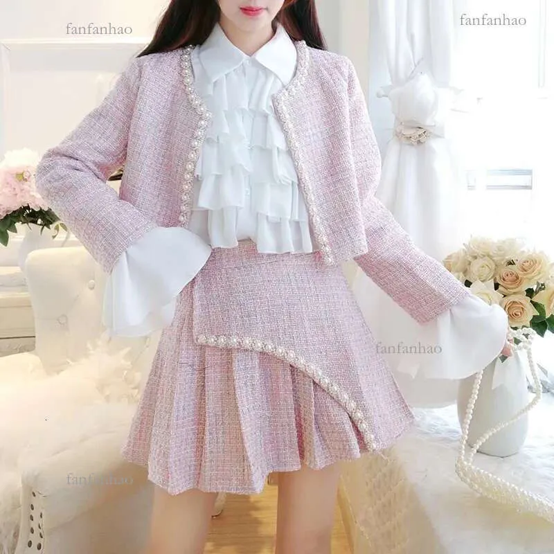 Tweed Skirt Set: Womens Short Tweed Jacket & Ruffle Chiffon
