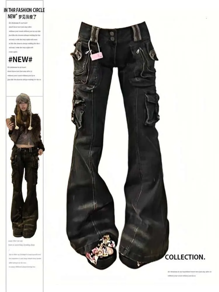Womens Y2K Grunge Cargo Jeans – Flared Dark Wash Denim With