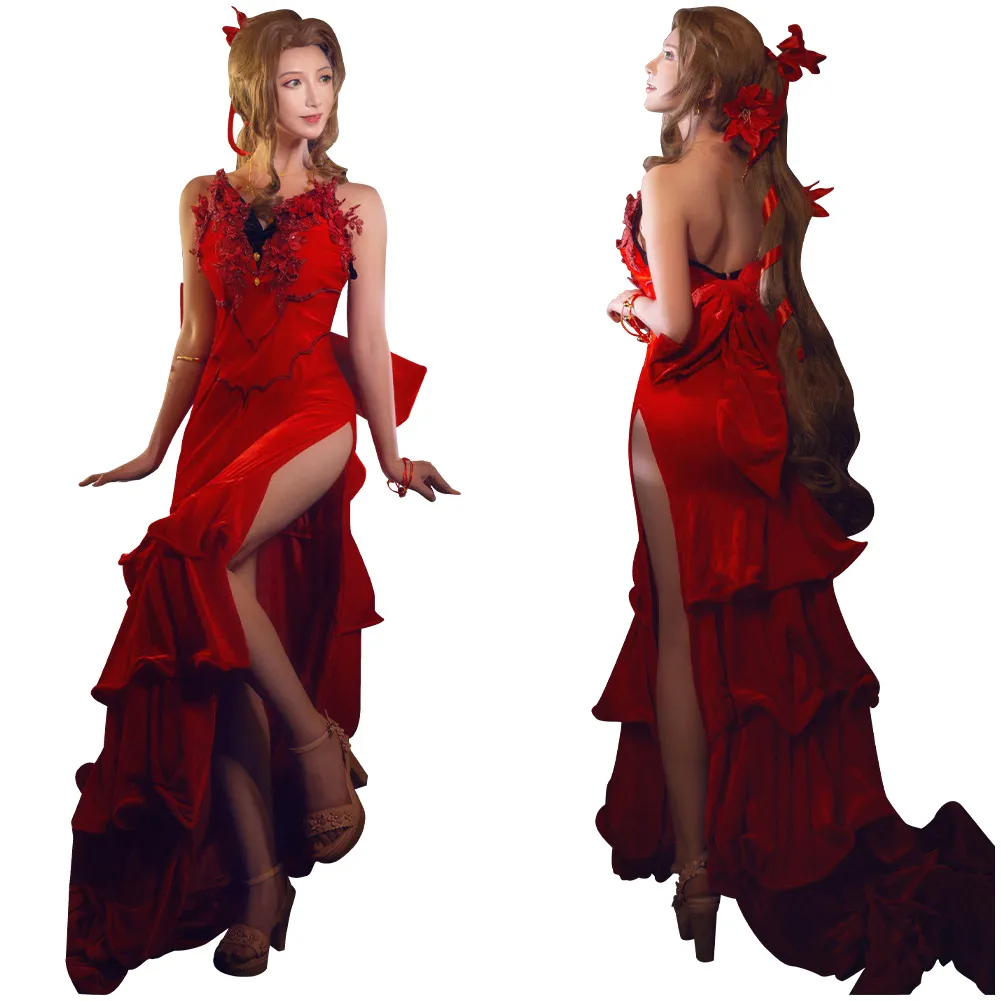 strapless open back dress Final Fantasy VII Remake FF7 Remake Aerith Honeybee Red Dress Cosplay Costume main image 0