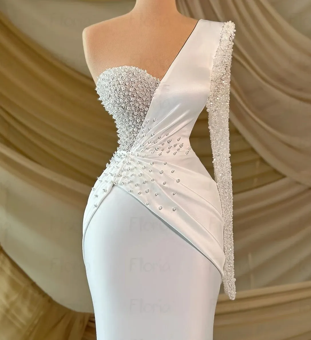White One Shoulder One Shoulder evening dress with Pearls and Beads - Perfect for Prom, Formal Parties, and Celebrity Style - 25 Collection