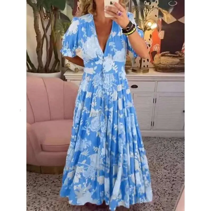 Plus Size Super Fairy V-Neck Ral blue maxi dress with High Elasticity for Beach Vacation, Loose Long Skirt