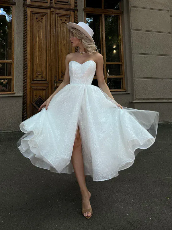 slim fit dress slacks Short Strapless Sweetheart Glitter Bridal Dress – HAREM's Brides