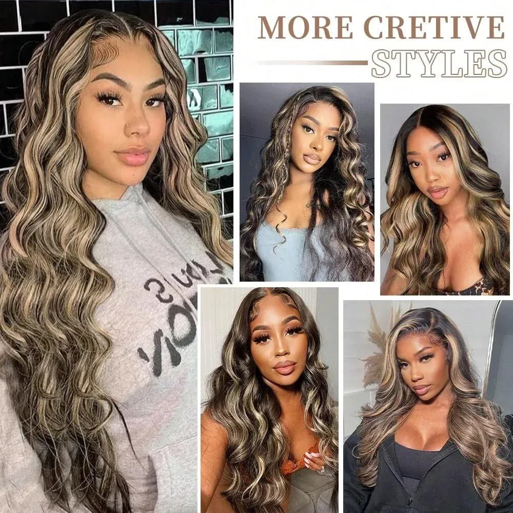 Ombre Lace Front Wig Long Wavy Synthetic Lace Wigs Dark Root 13x3 (Blonde) Ready Ombre Blonde Colored 13x3 Lace Front Wig 30Inch Long Loose  main image 4
