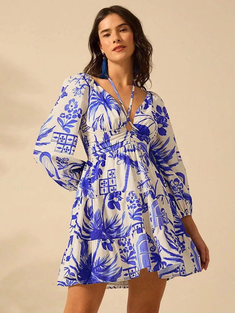 Blue Floral Print V-Neck Waisted Short v neck dress with Lantern Sleeves and Lace-Up Backless for Women's Summer Fashion - LA031