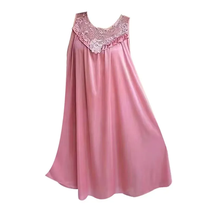 Pink Satin Nightgown with Lace Trim, Sleeveless Tank Top Pink Satin Nightgown with Lace Trim, Sleeveless Tank Top