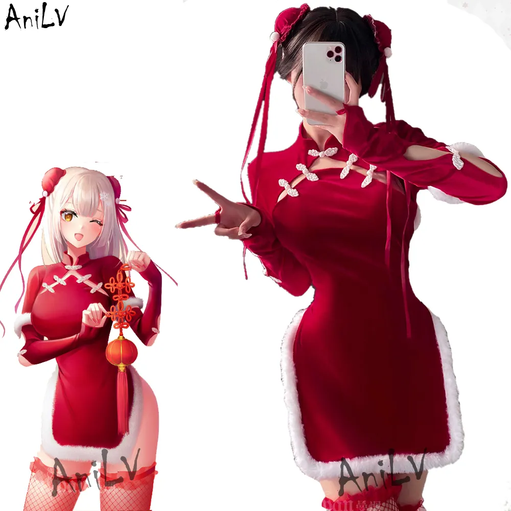 Anime Woman In Red Dress Elegant Chinese Cheongsam Dresses Red