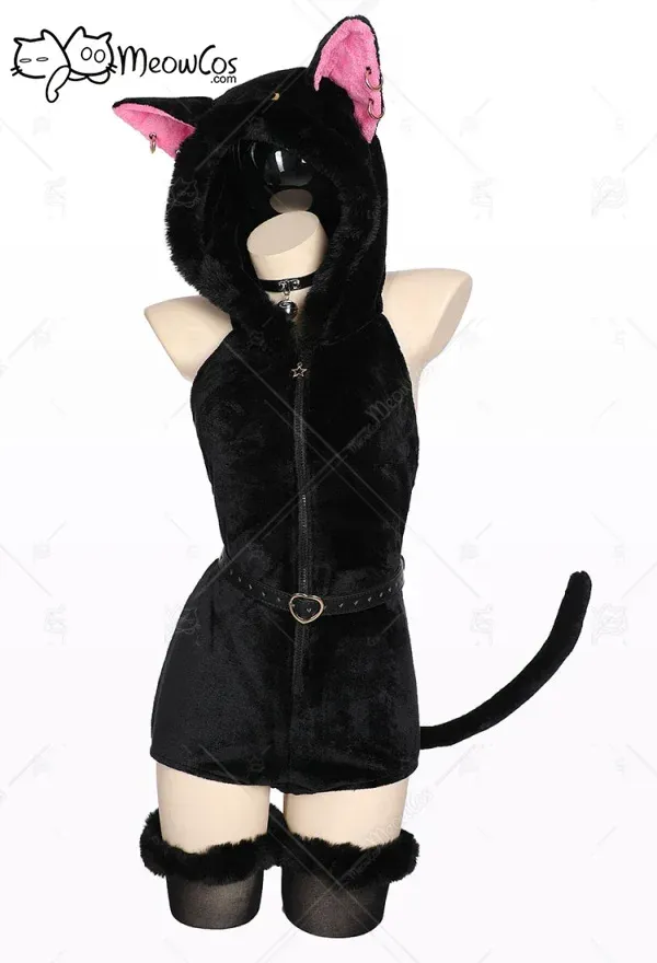 Womens Flannel Cat Cosplay Costume Set Soft Plush Hooded 