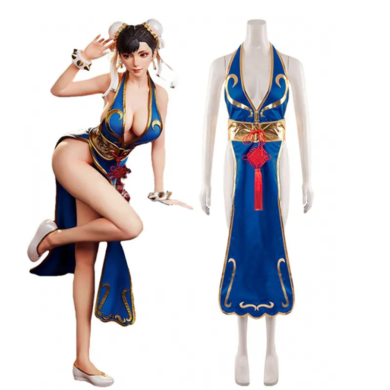 chun li blue dress Games Chun Li Cosplay Costumes Halloween Party Sutorito Faita Blue Cheongsam Dress Wig and Bracelet Women Girls Clothes Set