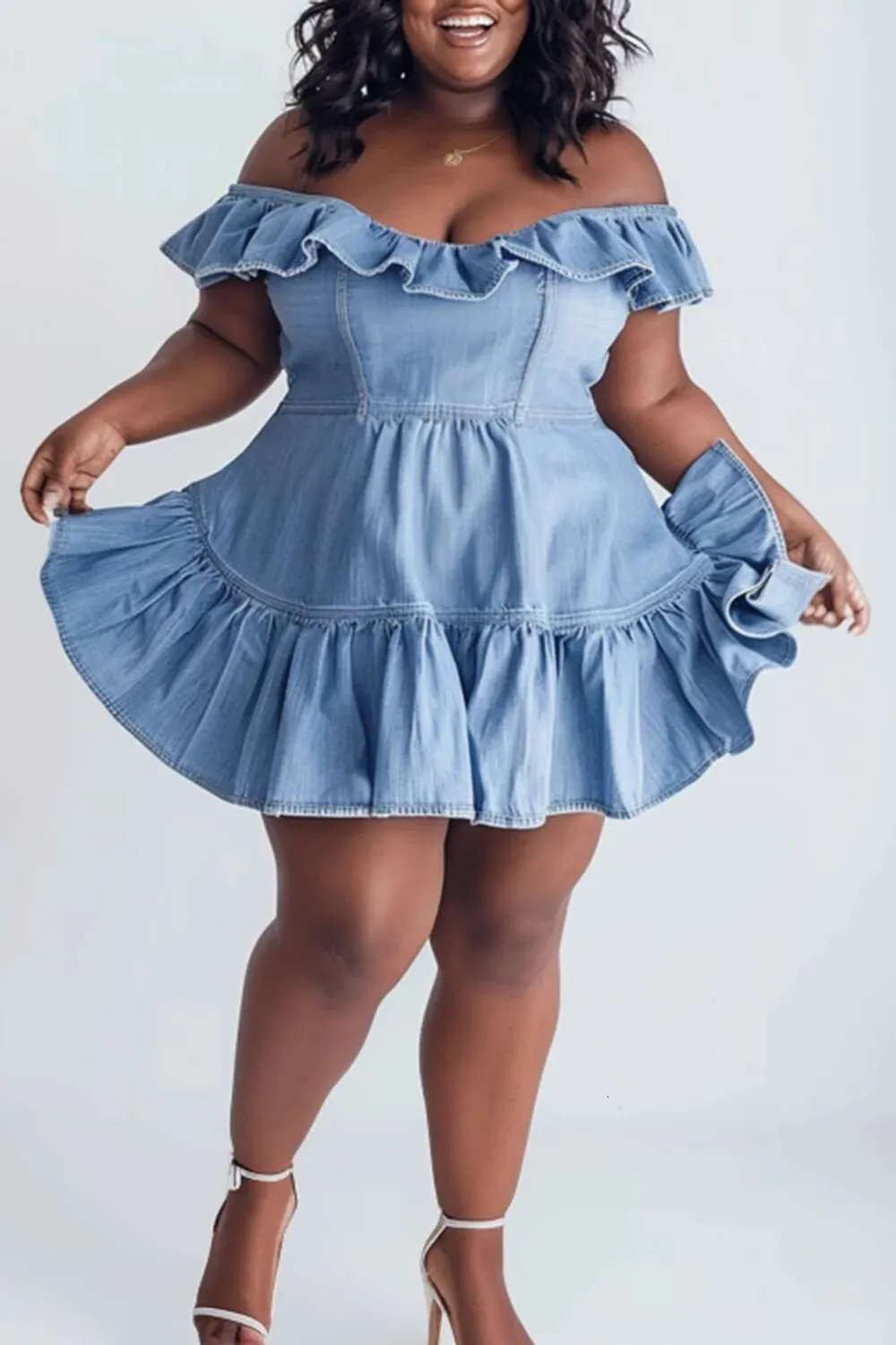 Light Blue Plus Size Dresses, Off The Shoulder Denim Mini Dress With Cap  Sleeves And Ruffle Detail, Plus Size Ladies Denim Dresses, Lightweight For  Daily Wear From Clothes0612, $79.71 | DHgate.Com