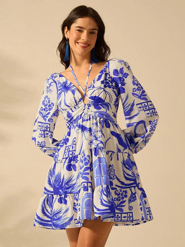 Blue Floral Print V-Neck Waisted Short v neck dress with Lantern Sleeves and Lace-Up Backless for Women's Summer Fashion - LA031 Blue Floral Print V-Neck Waisted Short v neck dress with Lantern Sleeves and Lace-Up Backless for Women's Summer Fashion - LA031