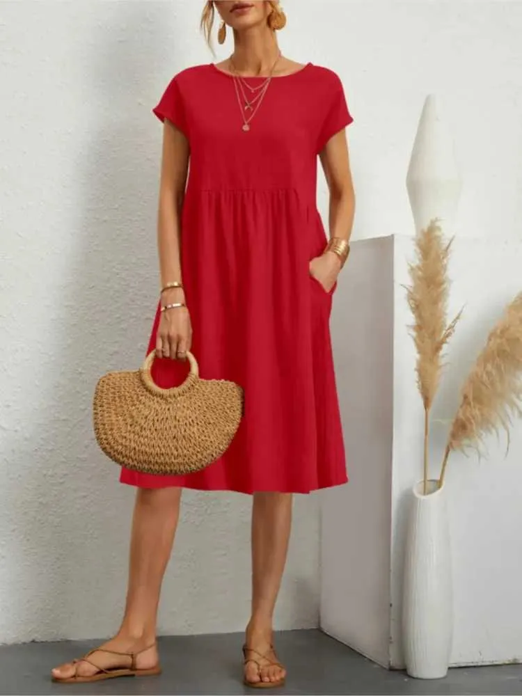 white christmas dresses Red Split Neck Puff Short Sleeve Tiered Midi Dress
