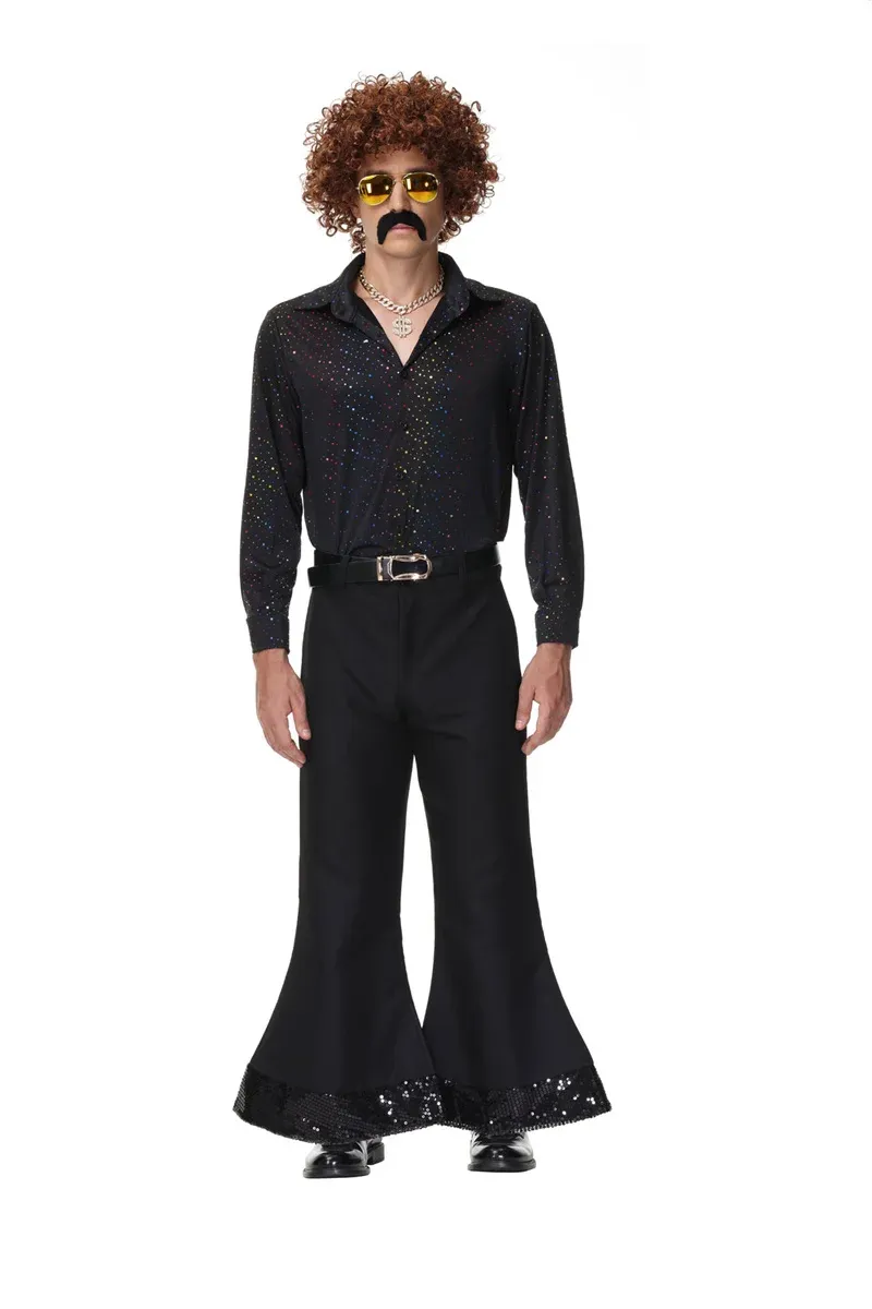 Adult 60s 70s Disco Costume 1960s Fancy Dress Retro 1970s Hippie Outfit Male Black - with Wig / M