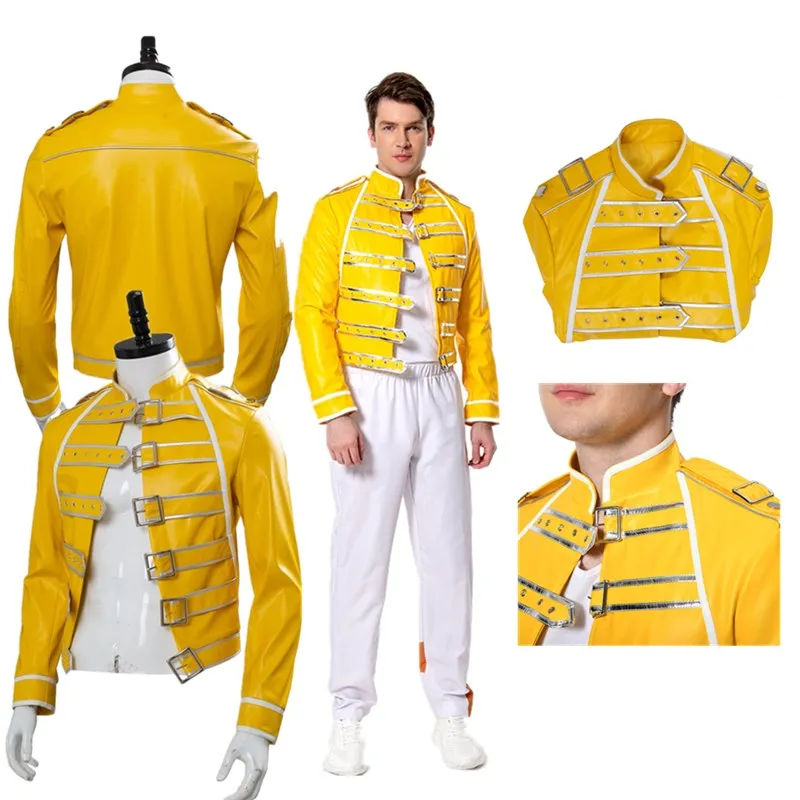 Queen Freddie Cos Mercury Cosplay Costume Adult Men Yellow Jacket