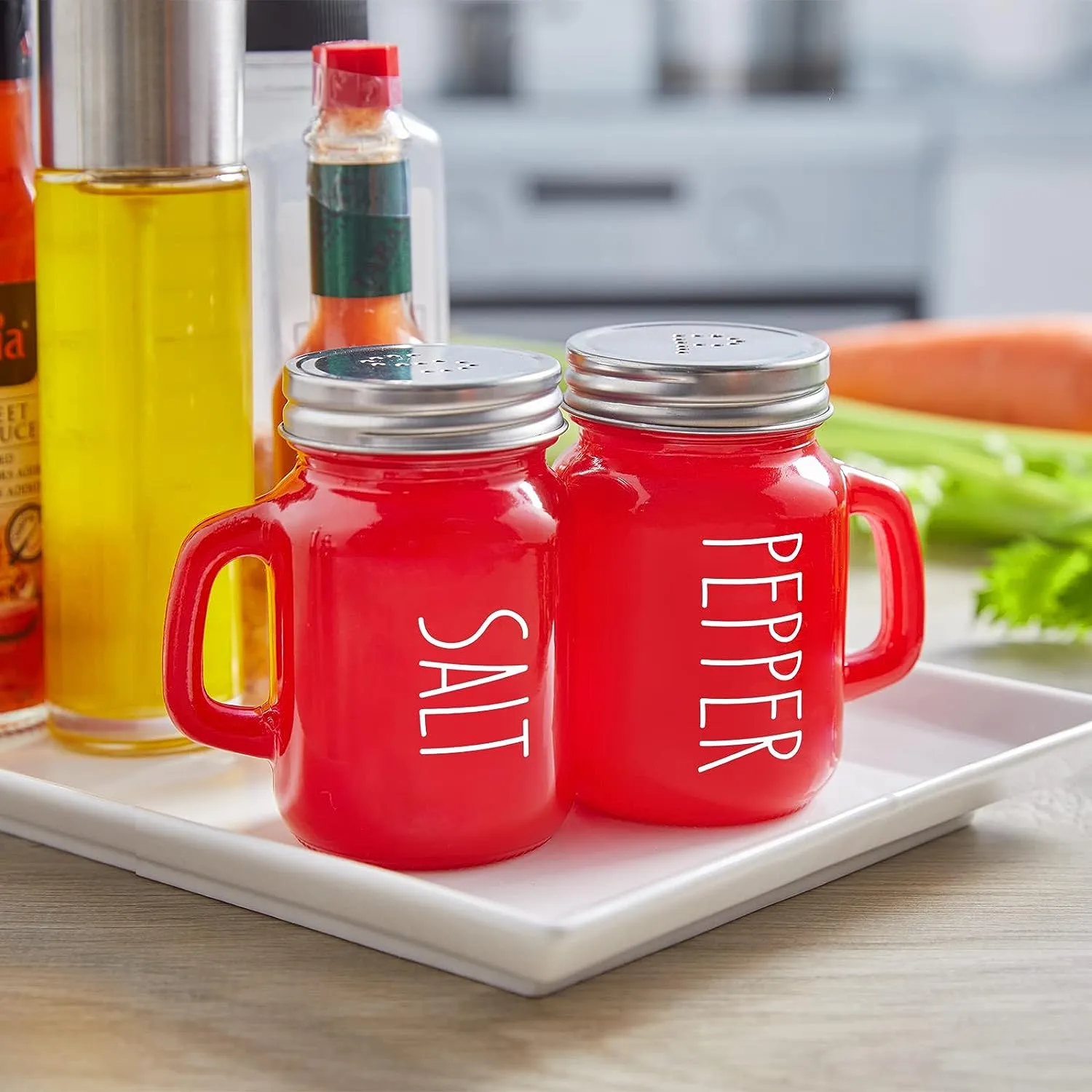 Cute Shaker Bottles: Red Glass Salt And Pepper Shakers Set Modern Design  With Stainless Steel Lids For Red Kitchen Accessories From Homemarket5,  $78.6 | DHgate.Com, image size:1500x1500