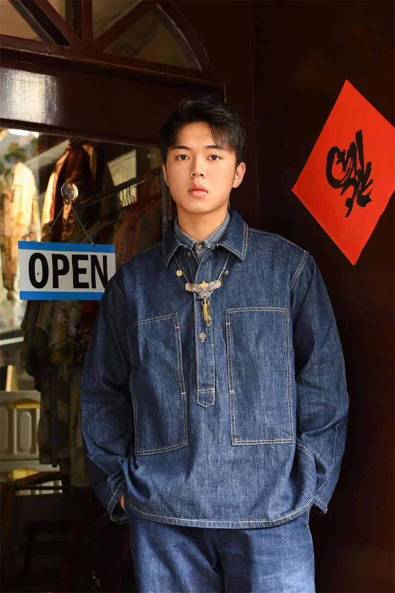 1920s Vintage US Army Blue Denim Pullover Shirt Jacket for Spring
