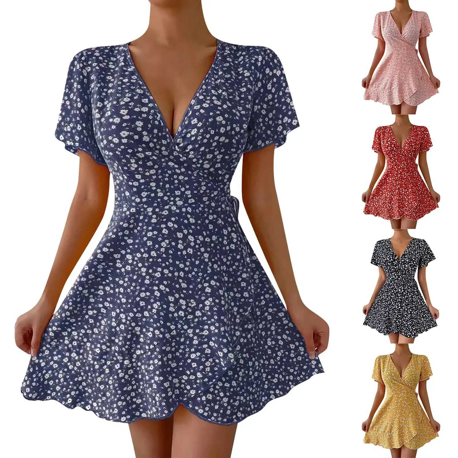 Loose Plus Size Flower Print V-Neck Mini Dresses - official