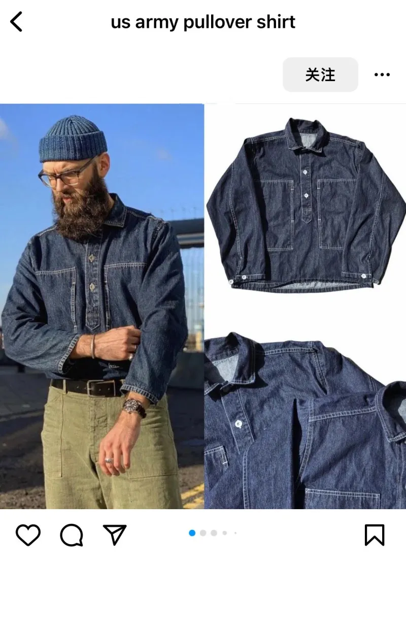 1920s Vintage US Army Blue Denim Pullover Shirt Jacket for Spring
