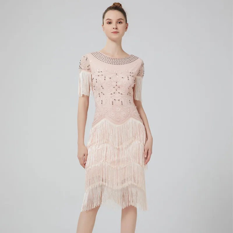 Handmade 1920s Gatsby Retro Ball Party fringe evening dress with Pearl Beaded Sequin and Tassel Detail