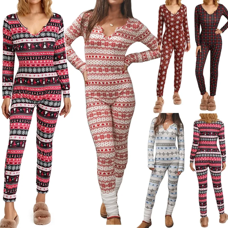 Womens Xmas Pyjamas Romper Long Sleeve Zip Up Jumpsuit, Button Front — free download