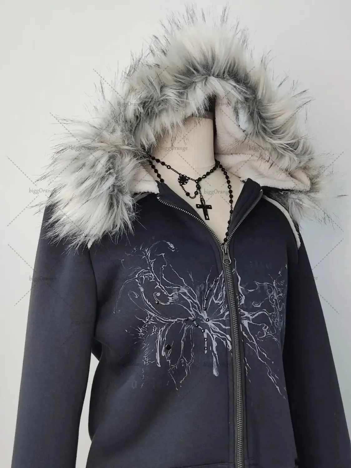 Gothic Punk Rhinestone Zip Up Hoodie: Y2K Harajuku From Piao04