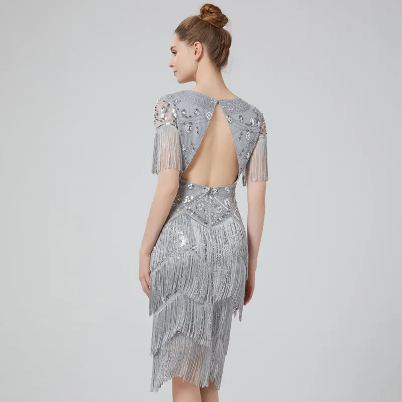 Handmade 1920s Gatsby Retro Ball Party fringe evening dress with Pearl Beaded Sequin and Tassel Detail