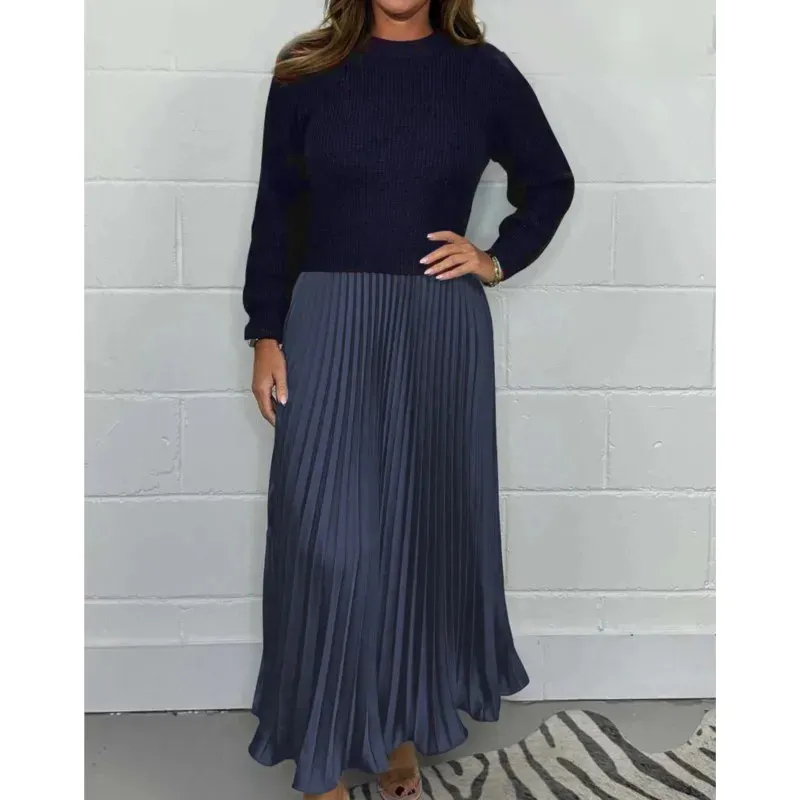 Autumn Winter Womens Two Piece Dress Knitted Sweater With Round Neck &  Pleated A Line Maxi Skirt Long Sleeve Patchwork Design From Lu02, $19.31 |  DHgate.Com