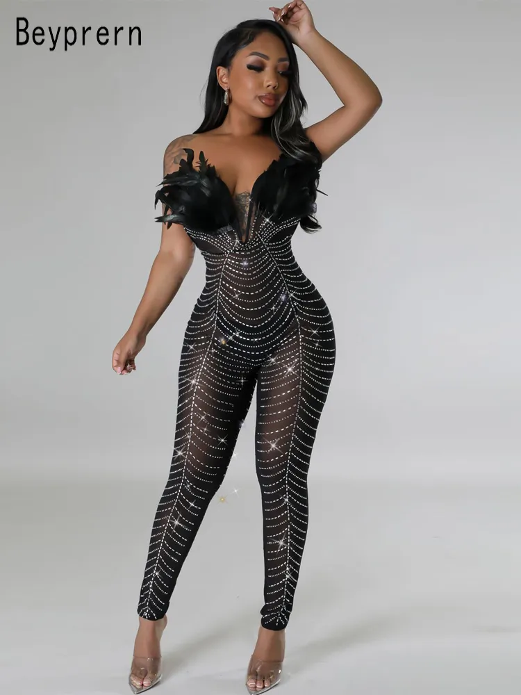 Save Big on Bulk Birthday Jumpsuit Outfits Sheer Mesh Sparkle Jumpsuit: Off  Shoulder Feather Crystal Embellished Evening Jumpsuit For Special