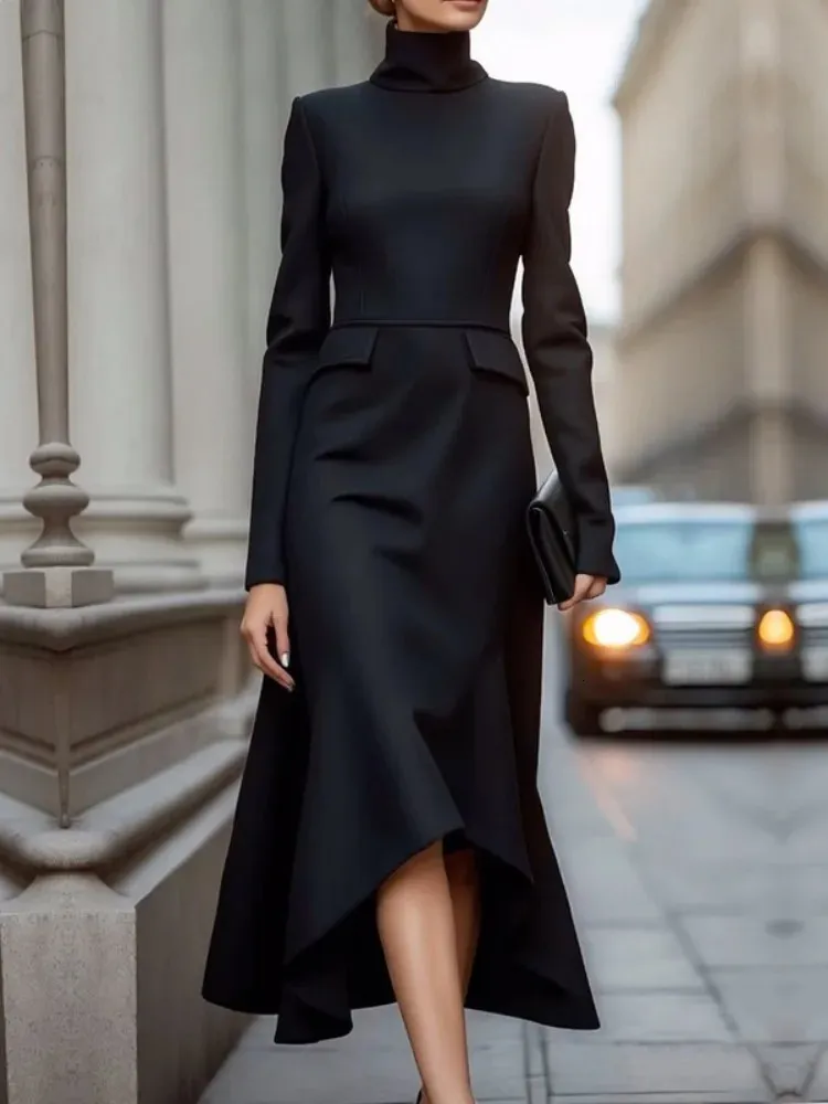 Vestido Midi Negro Para Mujeres Vestido De Viaje Elegante De