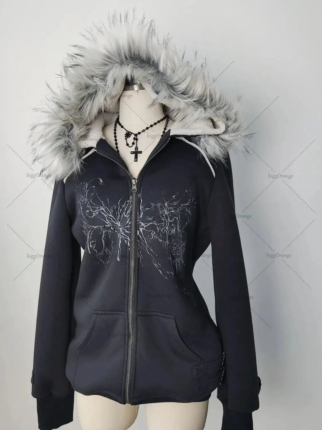 Y2K Gothic Punk Fur Collar Zipper Hoodie with Rhinestone Accent