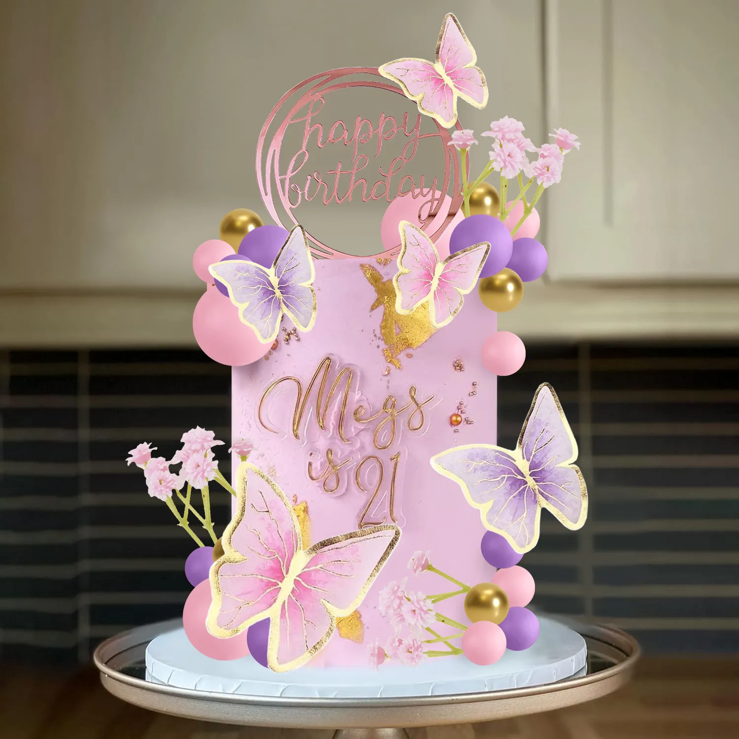 Butterfly Birthday Party Decorations Kit - Pink Purple Balloon Arch, Backdrop, Tablecloth & Cake Toppers