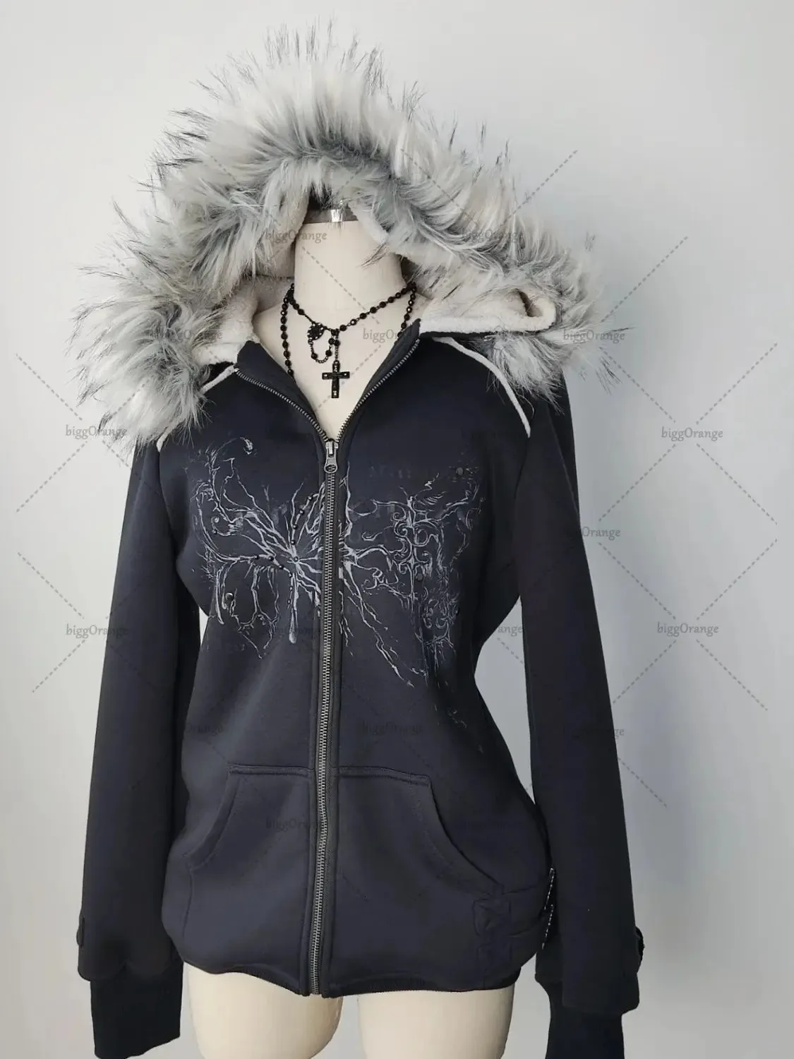 Gothic Punk Rhinestone Zip Up Hoodie: Y2K Harajuku From Piao04