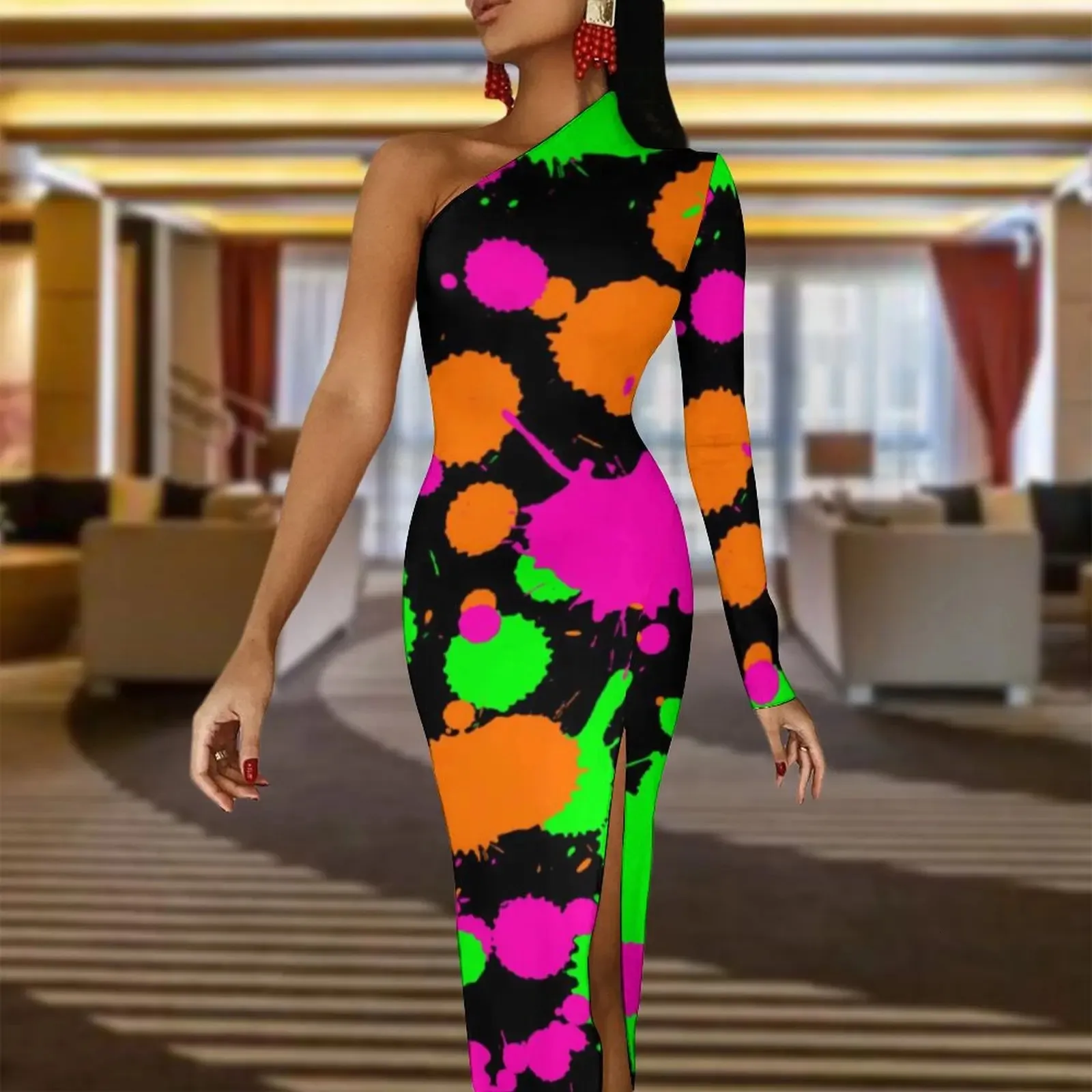 Graffiti Splatter Print Maxi slit dress for women - Neon Paint Long slit dress for women for Women, Sexy Bodycon Summer Gown with Side Split (250106)