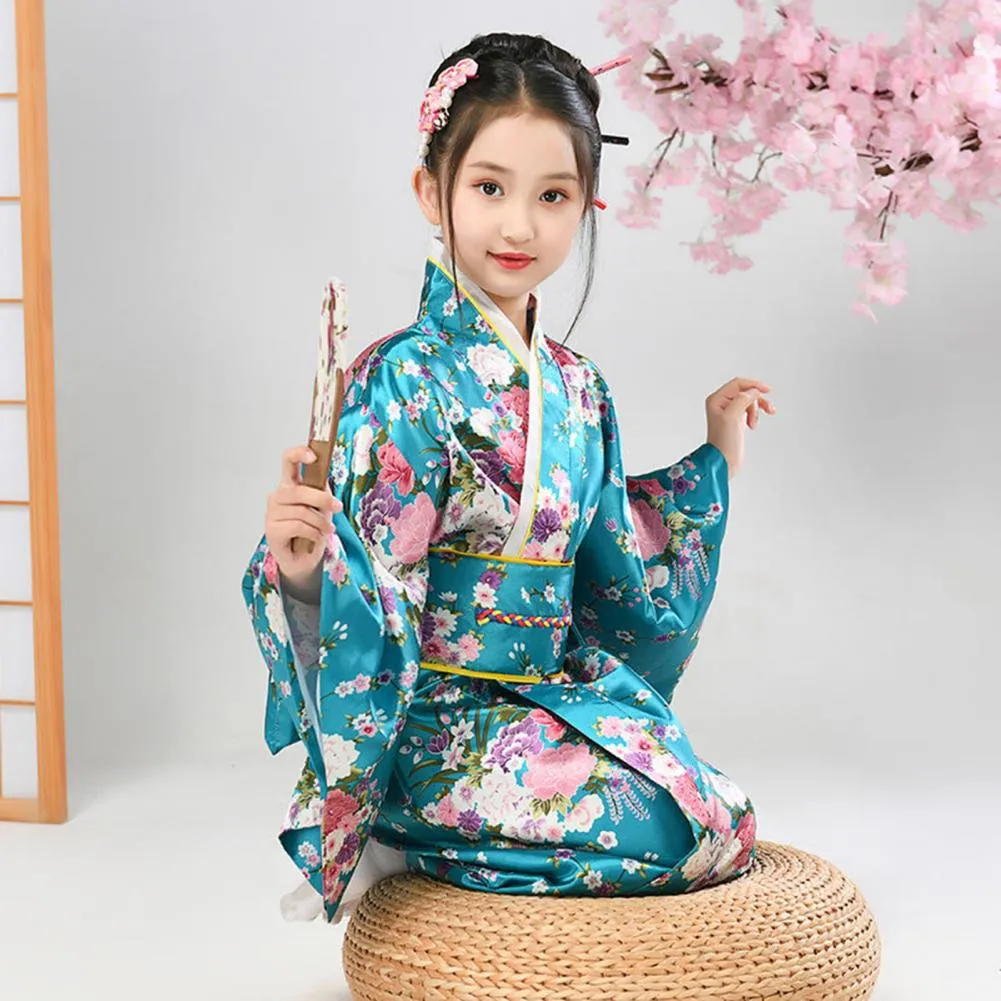 Vibrant Cherry Blossom Print Kimono Kimono dress Set for Girls' and School Performances - Traditional Japanese Style for Elementary Vibrant Cherry Blossom Print Kimono Kimono dress Set for Girls' and School Performances - Traditional Japanese Style for Elementary