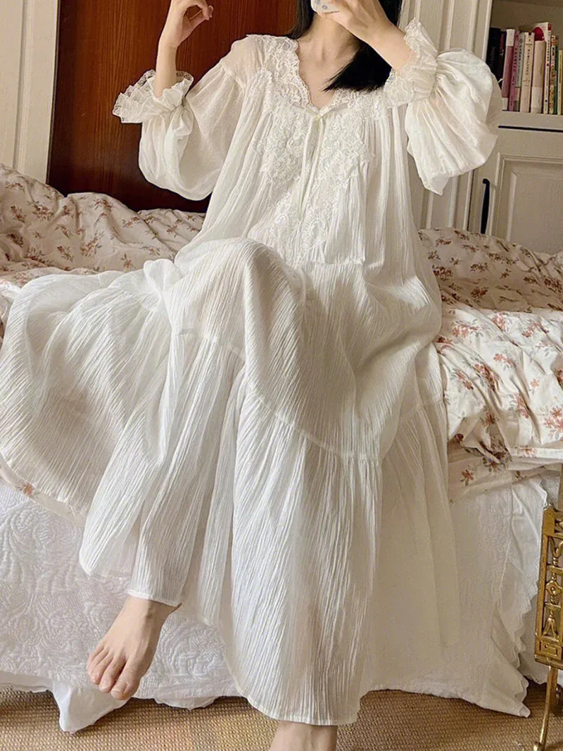 Vintage Lace Nightgown for Women - Long Sleeve Victorian Princess eileen fisher sleepwear for Spring and Autumn