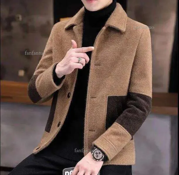 Men's Wool Short Jacket Mid-Length Coat with Shawl Collar and