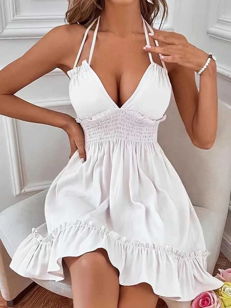 Summer Deep V Backless Dress Womens Sexy Sleeveless A-Line Mini Dress M250109