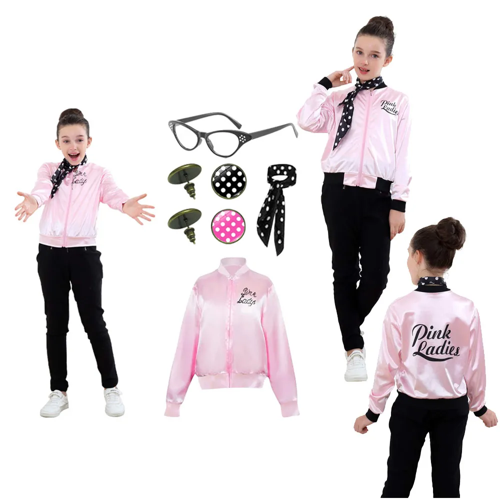 Pink Grease Cosplay Costume Set for Kids - Includes Coat, Glasses, cos scarf, Earrings - Perfect for Halloween, Carnival, and Fantasia Parties Pink Grease Cosplay Costume Set for Kids - Includes Coat, Glasses, cos scarf, Earrings - Perfect for Halloween, Carnival, and Fantasia Parties