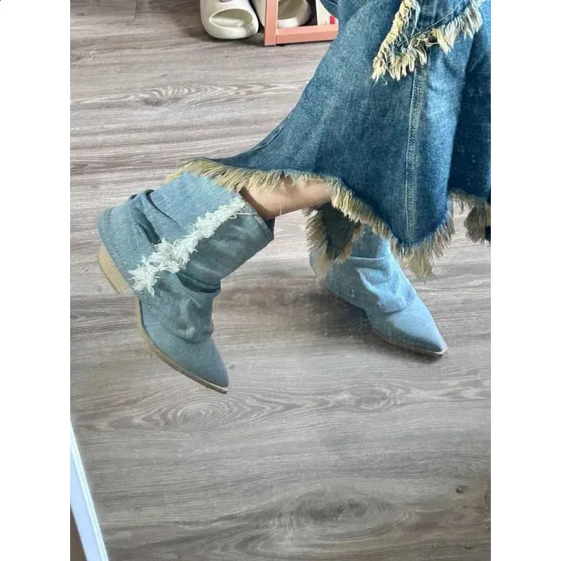Pleated Knee High Denim For Women Autumn Pointed Toe Chunky Heels Cowboy Boots Woman Plus Size Western Jeans Shoes_voghion.com