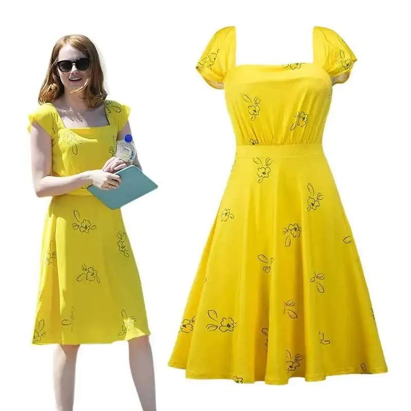 Movie La La Land Mia Cosplay Costume Halloween Carnival Party Yellow Dress Women's Summer Sleeveless Skirt Movie La La Land Mia Cosplay Costume Halloween Carnival Party Yellow Dress Women's Summer Sleeveless Skirt