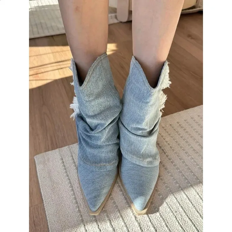 Pleated Knee High Denim For Women Autumn Pointed Toe Chunky Heels Cowboy Boots Woman Plus Size Western Jeans Shoes_voghion.com