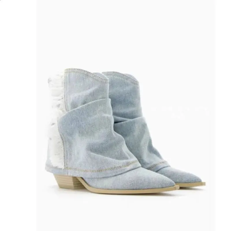 Pleated Knee High Denim For Women Autumn Pointed Toe Chunky Heels Cowboy Boots Woman Plus Size Western Jeans Shoes_voghion.com