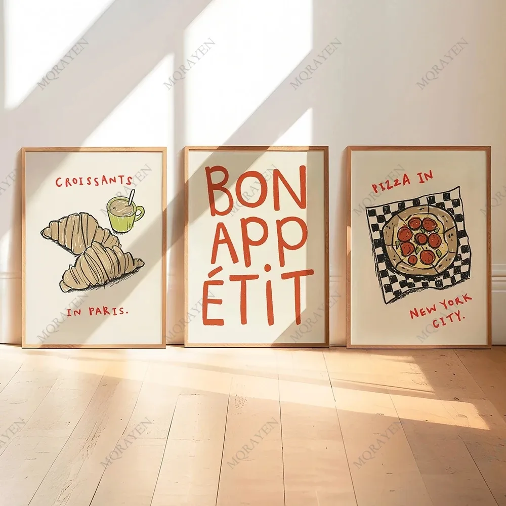 set of 2 bon appetit prints, retro cooking prints,... Retro Cooking Bon Appetit Quotes Posters Paris Croissants Pizza Prints ...