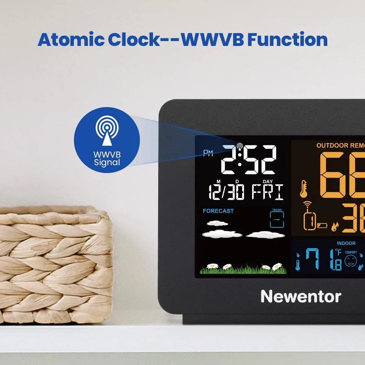 Projection Alarm Clock With Weather Station – Ceiling Projector Clock, Indoor/Outdoor Temp & Humidity, Forecast, Adjustable Brightness – Black