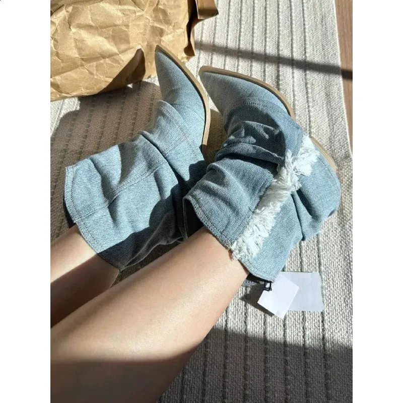Pleated Knee High Denim For Women Autumn Pointed Toe Chunky Heels Cowboy Boots Woman Plus Size Western Jeans Shoes_voghion.com