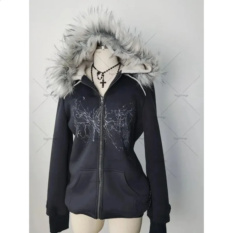 Emo Y2K Fur Jacket – Zip-Up Grunge 2000s Hoodie With Hood, Vintage