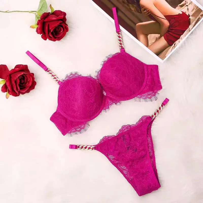 Pink Lace Padded Push Up Lingerie Set with Rhinestone Embellishments Pink Lace Padded Push Up Lingerie Set with Rhinestone Embellishments