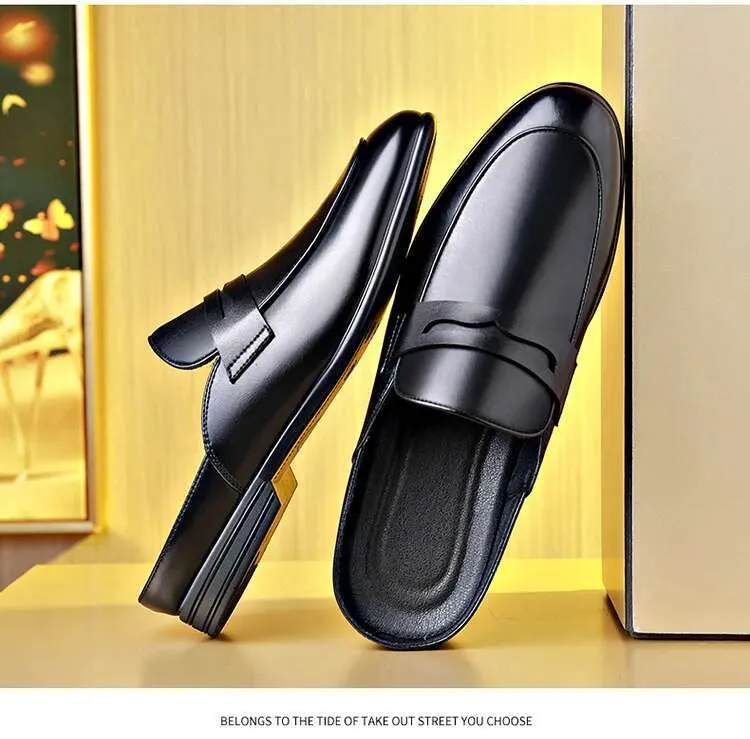 Mens Black Leather Mules Slip-On Loafers with EVA Insole and 