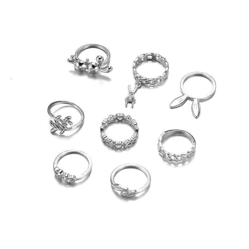 Ear Rabbit Ring Rabbit Ear Rings Set: 8 Cute Alloy Rings With Leaf Design For Girls ...